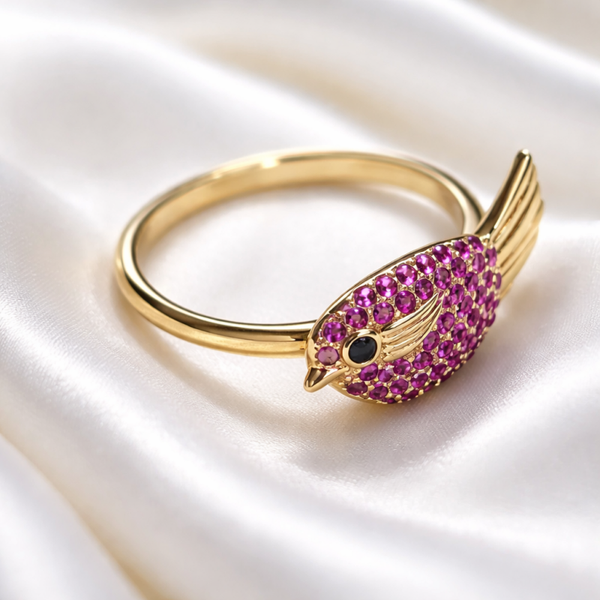 14K Yellow Gold W/ Pink Bird Ring