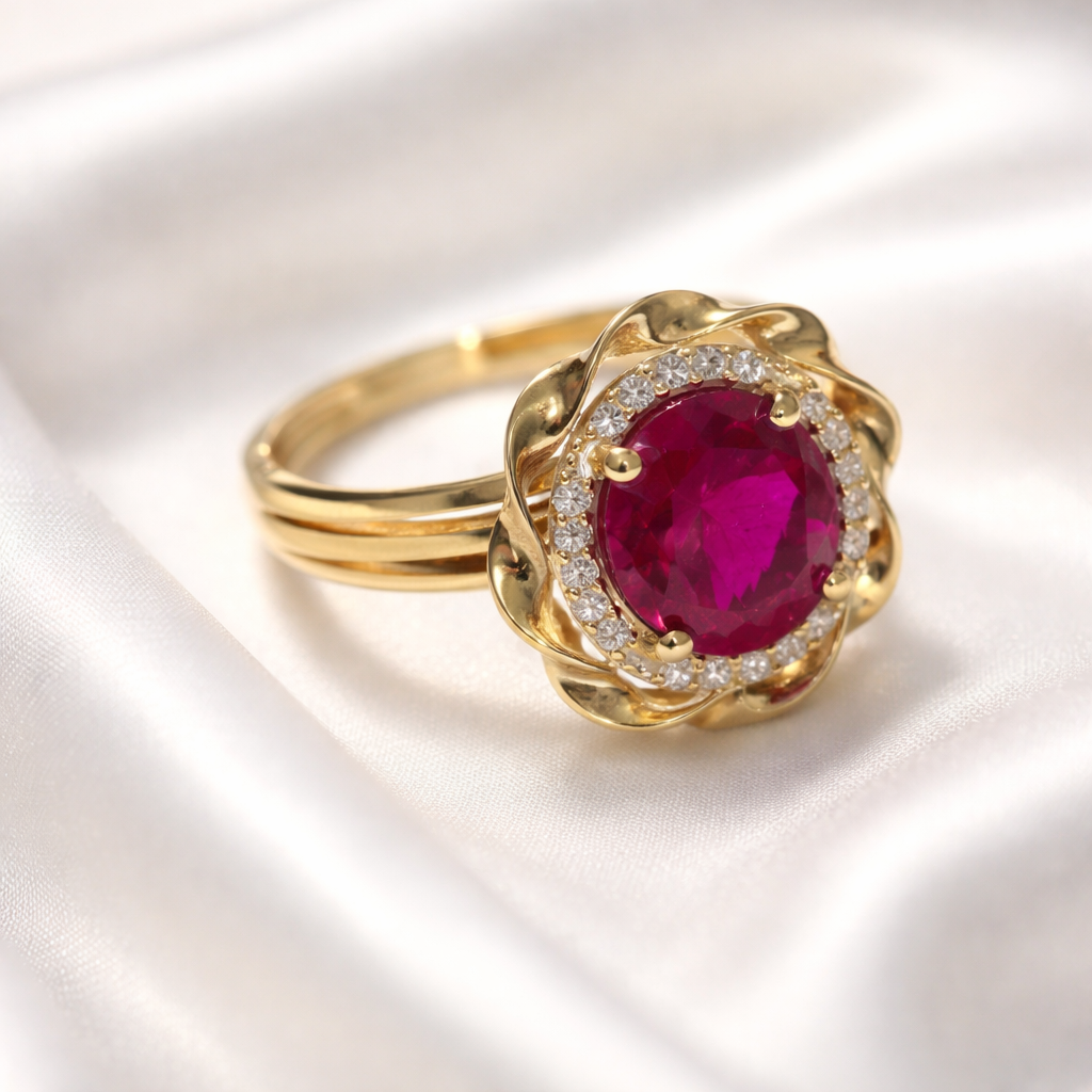 14K Yellow Gold Pink Halo Stone Flower Ring