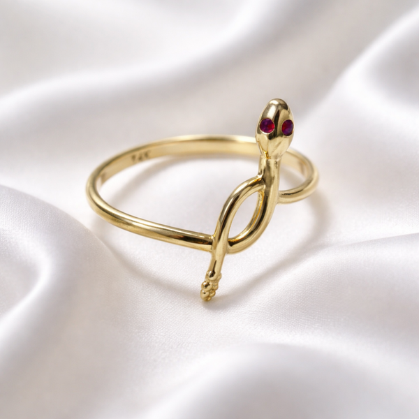 14K Yellow Gold Snake Pink Eyes Ring