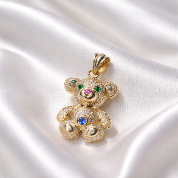 14K Yellow Gold Teddy Bear Pendant with Multicolor Stones