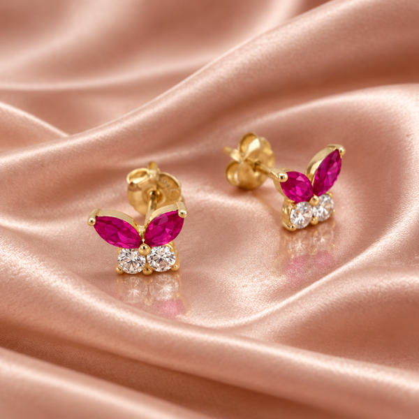 14K Yellow Gold Pink Butterfly Earrings