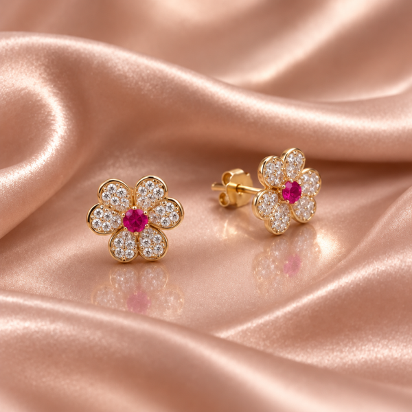 14K Yellow Gold Pink Floral Earrings