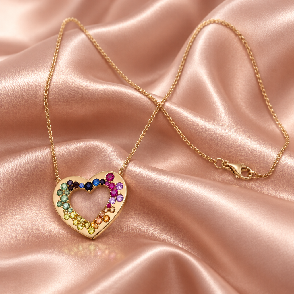18K Yellow Gold Heart Multicolor Sapphires Necklace