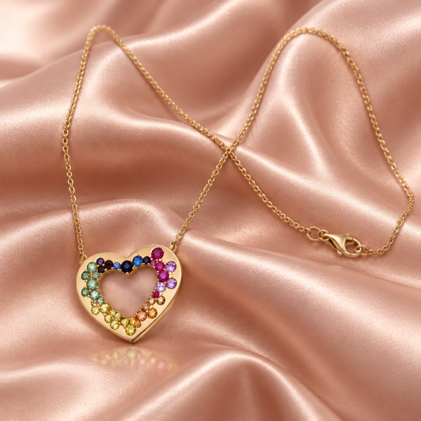 18K Yellow Gold Heart Multicolor Sapphires Necklace