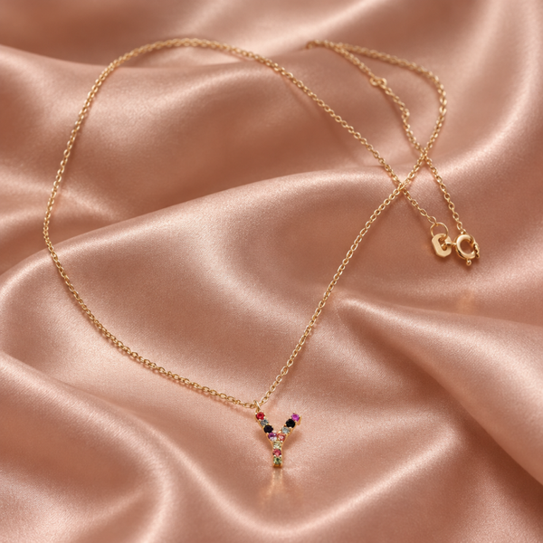 18K Yellow Gold Letter Y Multicolor Sapphires Necklace