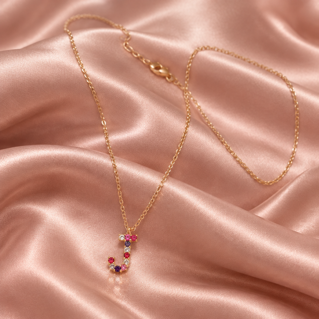 18K Yellow Gold Letter J Multicolor Sapphires Necklace