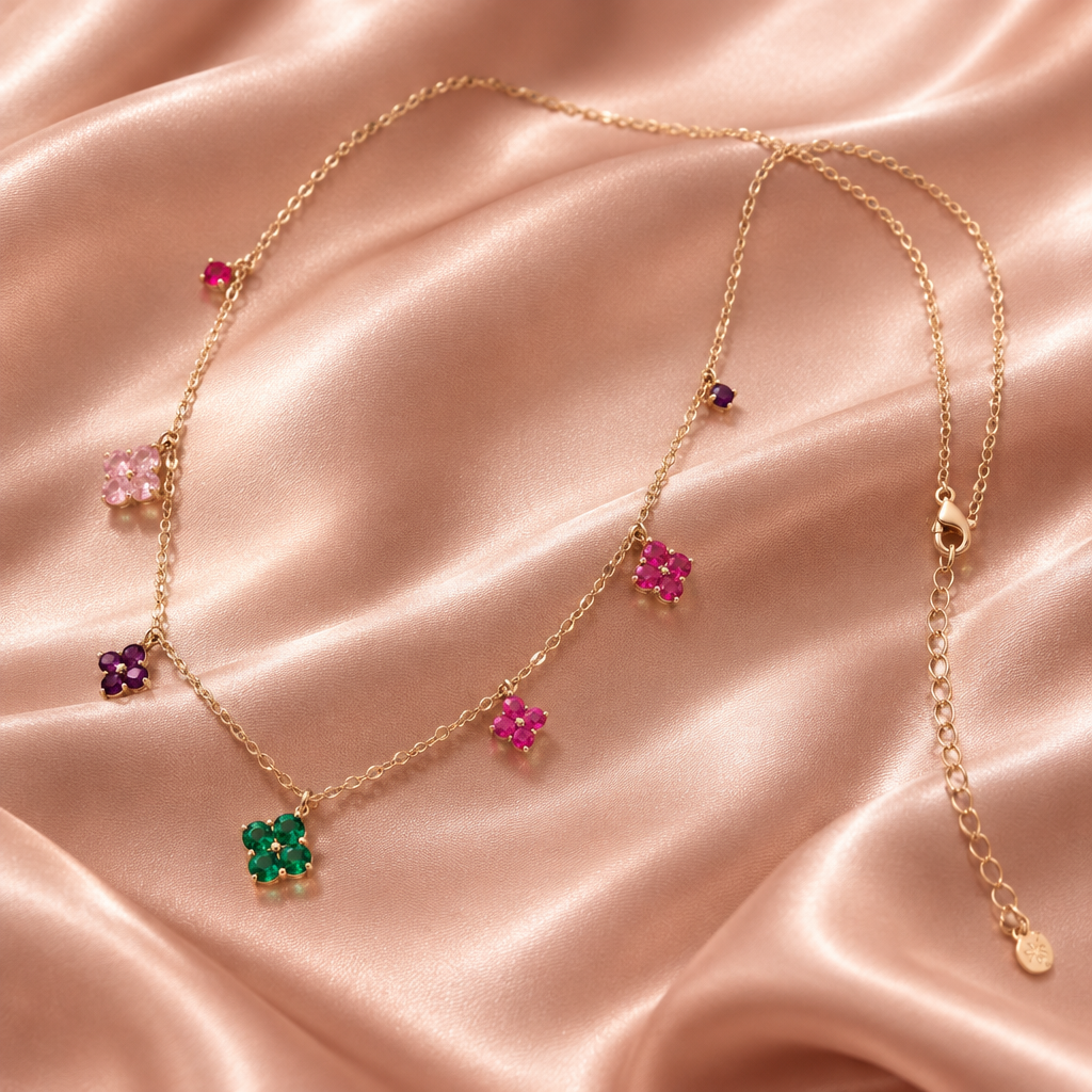 14K Yellow Gold Flowers Multicolor Necklace