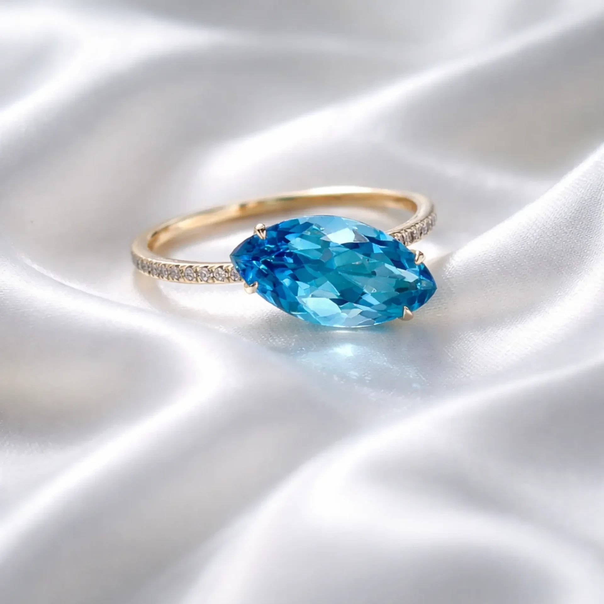 14K Yellow Gold W/ Natural Diamond & Blue Topaz Ring
