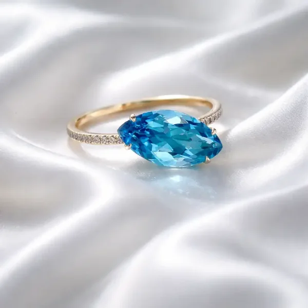 14K Yellow Gold W/ Natural Diamond & Blue Topaz Ring