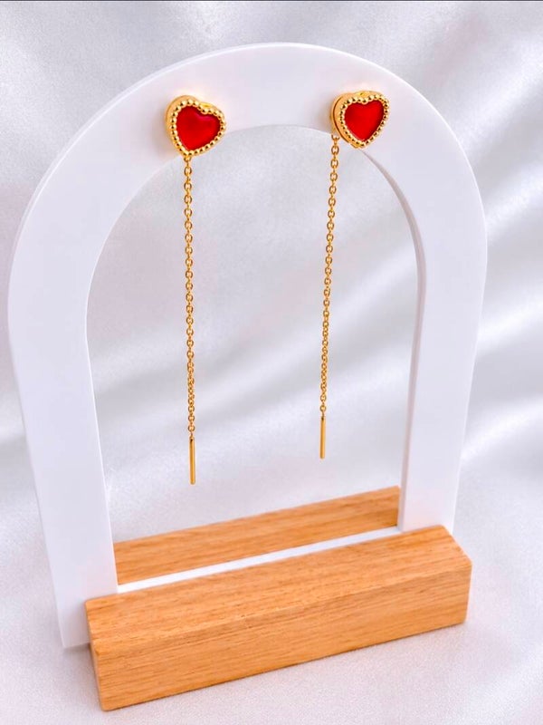 14K Yellow Gold Red Heart Long Chain Earrings
