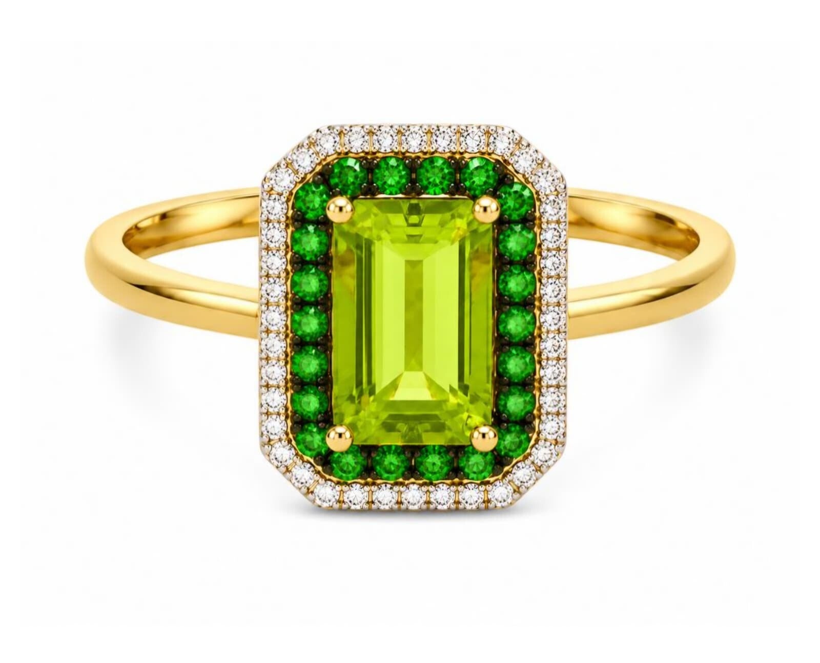 14K Yellow Gold W/ Peridot, Tsavorite & Diamond Halo Ring