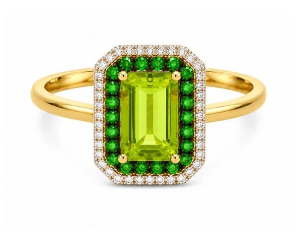 14K Yellow Gold W/ Peridot, Tsavorite & Diamond Halo Ring