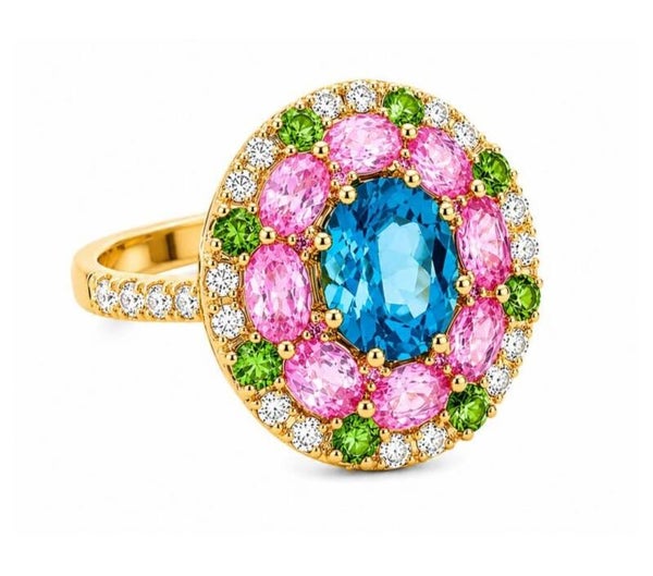 14K Yellow Gold W/ Blue Topaz, Pink Sapphire & Green Garnet Cocktail Ring