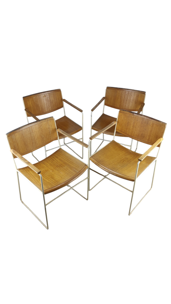 Set Arco dining chairs metal and wood 1980s