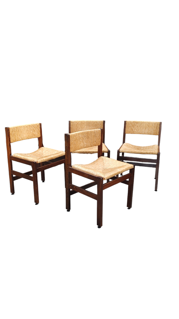 Vintage wicker and wengé dining chairs 60s