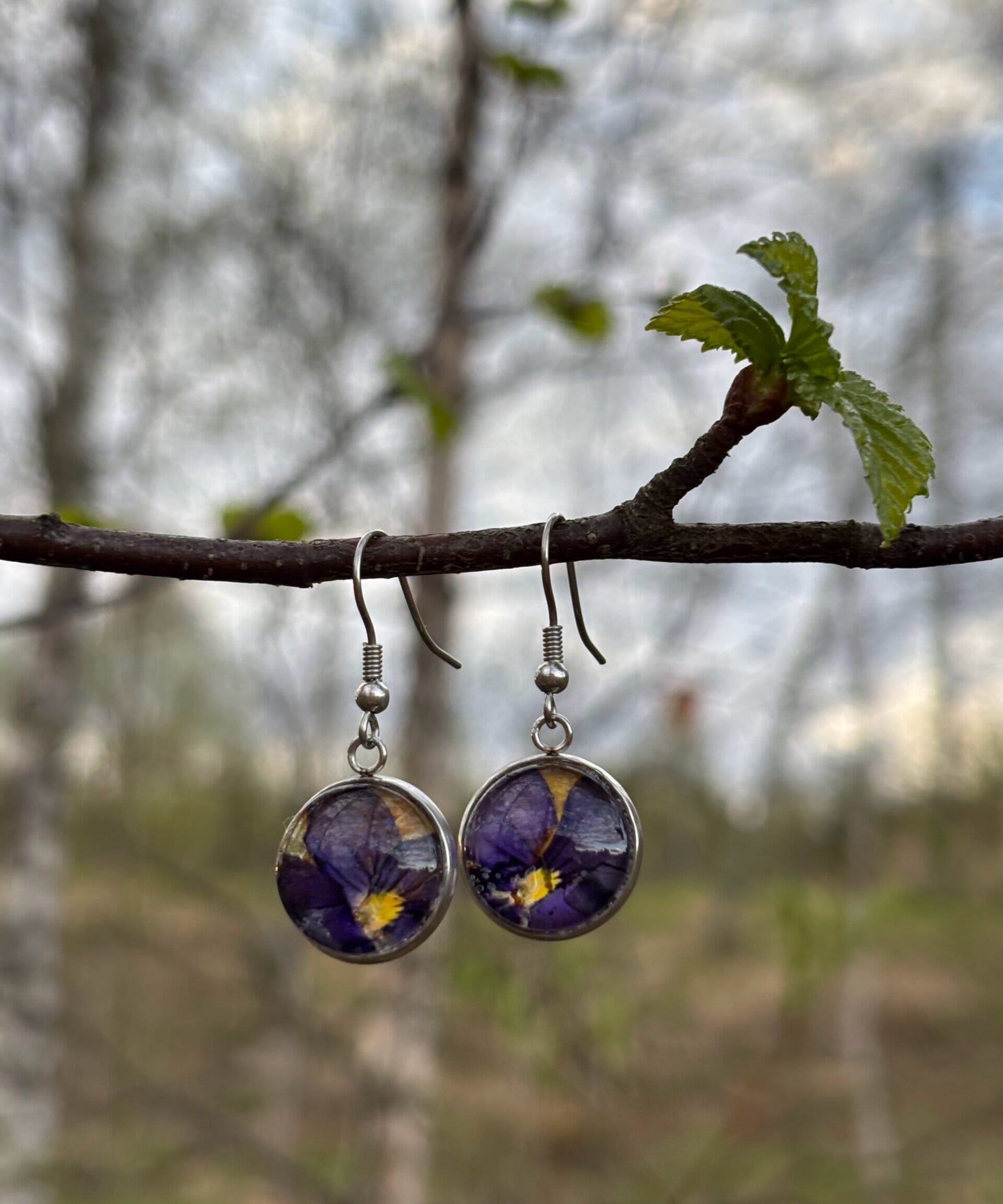 Orvokkeja violetti ja keltainen M korvakoru