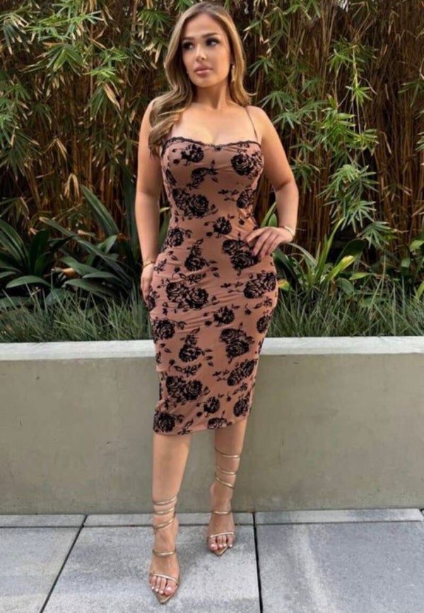 Midi Dress with Velvet Mesh Flowers