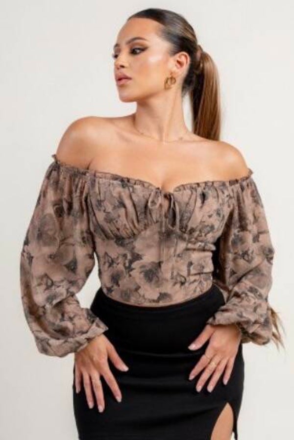 Ruffle Off Dhoulder Front Tie Smocked Back Top