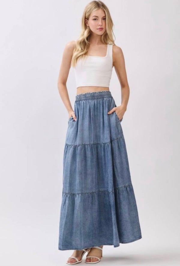 Wash Denim Tiered Maxi Skirt