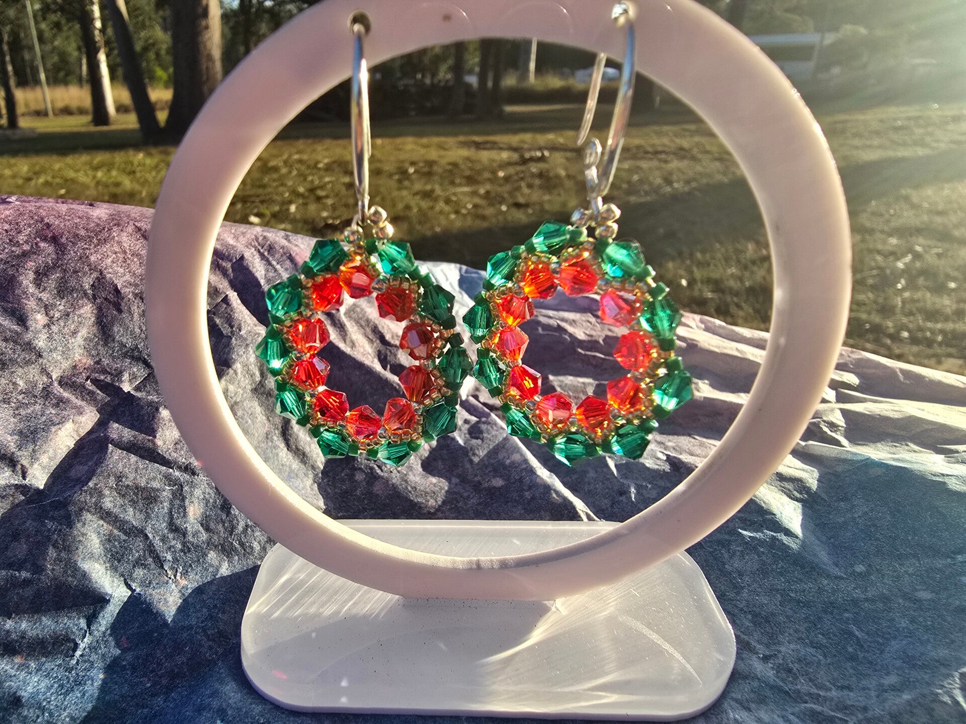 Beaded christmas wreath earrings