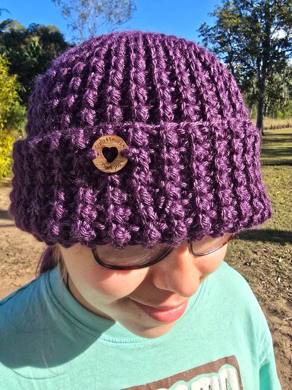 Crochet Plum colour handmade reversable beanies