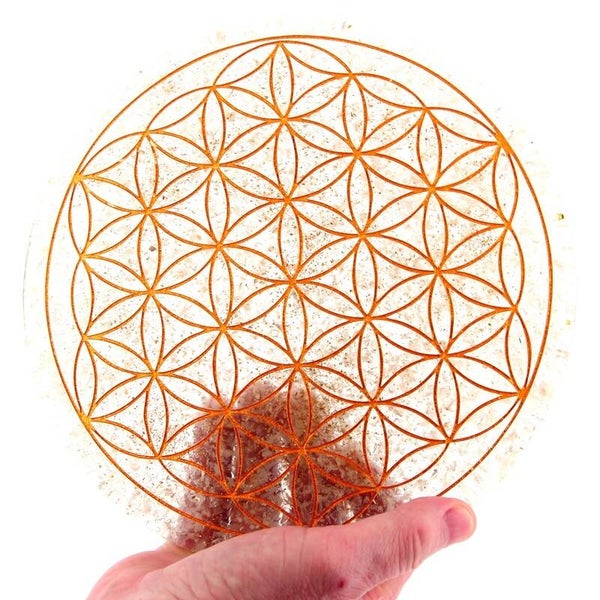 Plateau Orgonite Cristal de Roche Fleur de Vie Gravée Diamètre 14.5 cm