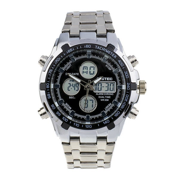 Digitaal Analoog horloge met zwarte wijzerplaat en RVS band