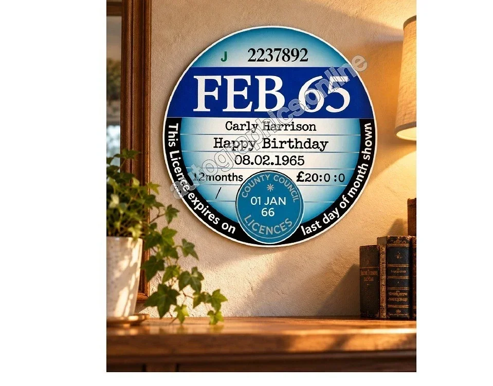 Personalised Happy Birthday Car Tax Disc Sign Custom Round Plaque Retro Gift