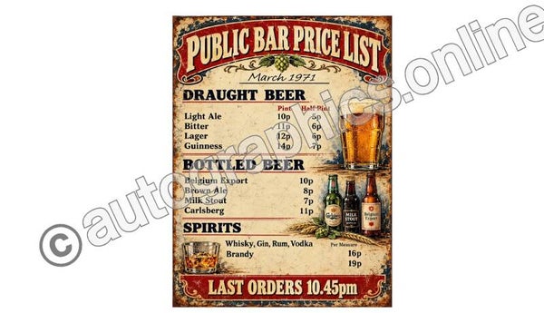 1970s Vintage Retro Pub Sign Bar Prices Metal Bar Sign Wall Plaque 1970s Pub Sign