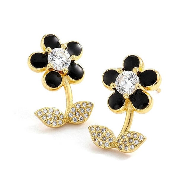 Boucles d'oreilles fleur émail noir doré à l'or fin  BO 2344