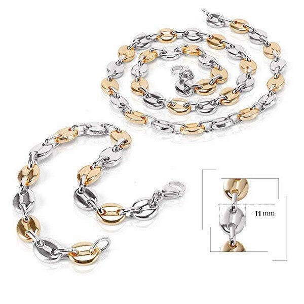 Parure pour Homme - Grain de café ( 11mm ) - Couleur Doré-Argenté  Pa 677