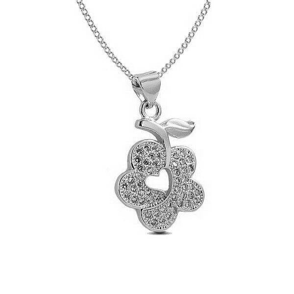 Collier rhodié pour femme de couleur argenté fleur originale et coeur creusé et diamants CZ   926