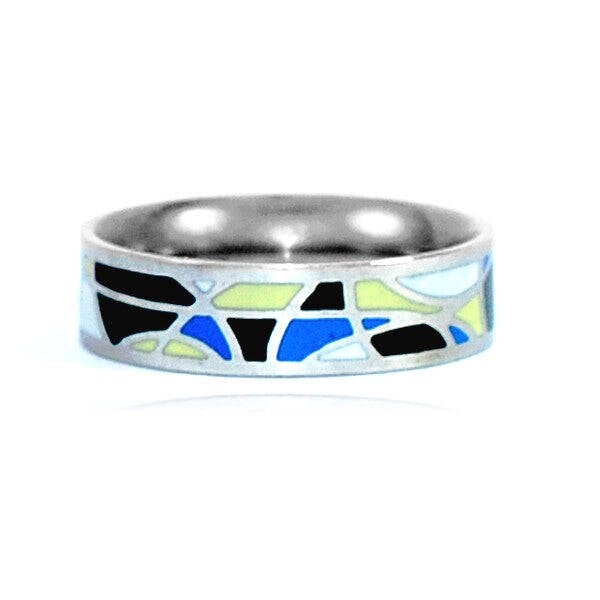Bague acier inoxydable émail couleur bleu blanc noir jaune  BGA 132