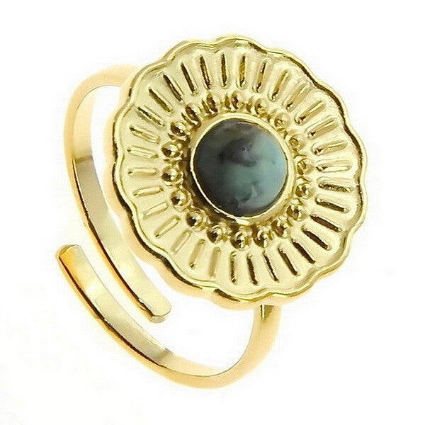 Bague pour femme acier inoxydable fleur pierre naturelle turquoise d'Afrique CTION E670