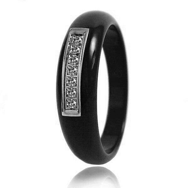 Bague en céramique - Couleur noir - Lignées de strass 52 BA-CRQ 003