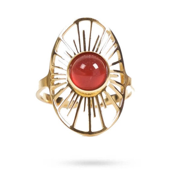 Bague pour femme acier inoxydable soleil pierre naturelle agate rouge E746