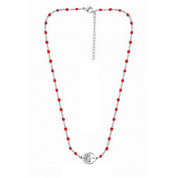 Chaîne collier acier inoxydable maille forçat rouge arbre de vie  Ca 0084