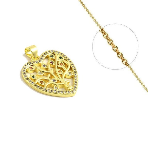 Collier chaîne et pendentif arbre de vie cœur zirconiums couleurs sertis 1657