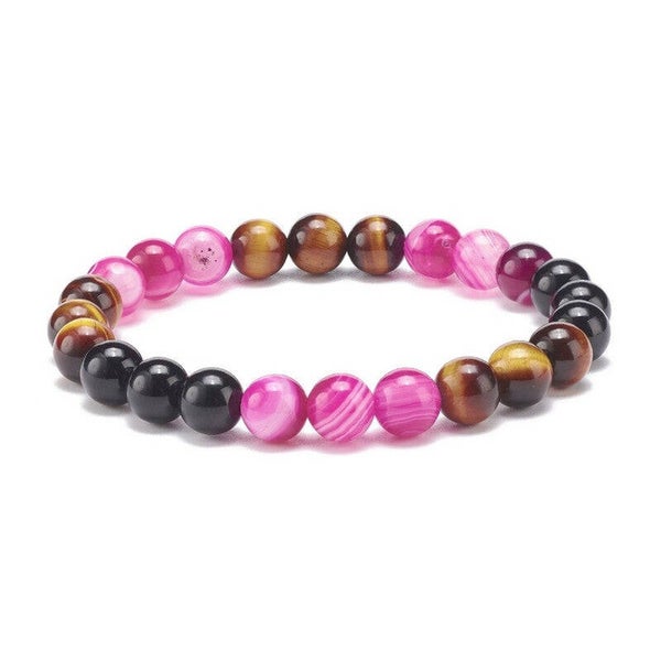 Bracelet pour homme ou femme pierres naturelles agate fushia œil de tigre et onyx  E2601