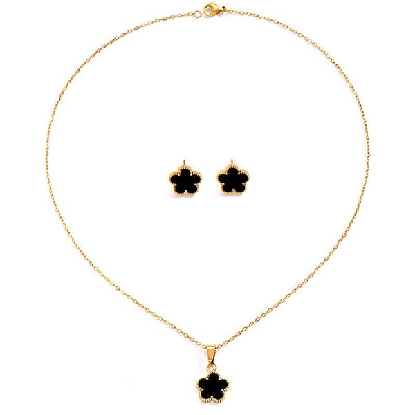 Parure collier pendentif chaîne fleur noir plaqué or 18k  1620