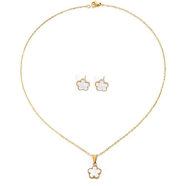 Parure collier pendentif chaîne fleur nacre plaqué or 18k  1672