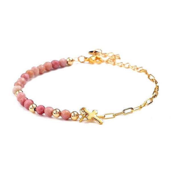 Bracelet pour femme - perles naturelles rhodonite breloque croix  e2641
