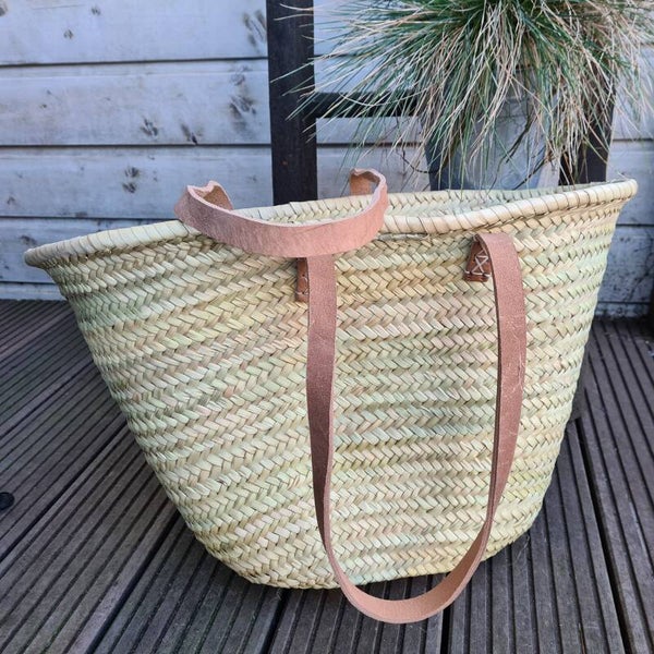 Strandtas - boodschappentas - palmblad - lang lederen hengsel