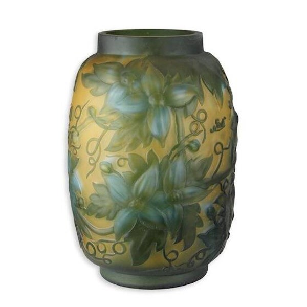 Vaas - glas - Cameo stijl - "Bloemen" - 29cm hoog