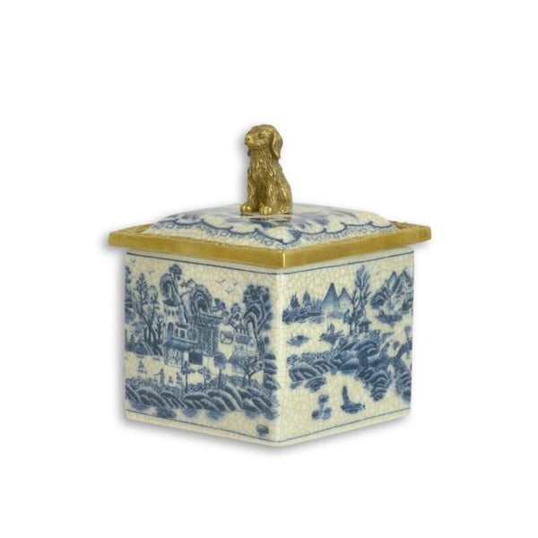 Porseleinen doosje met deksel - brons - blauw - 13cm hoog
