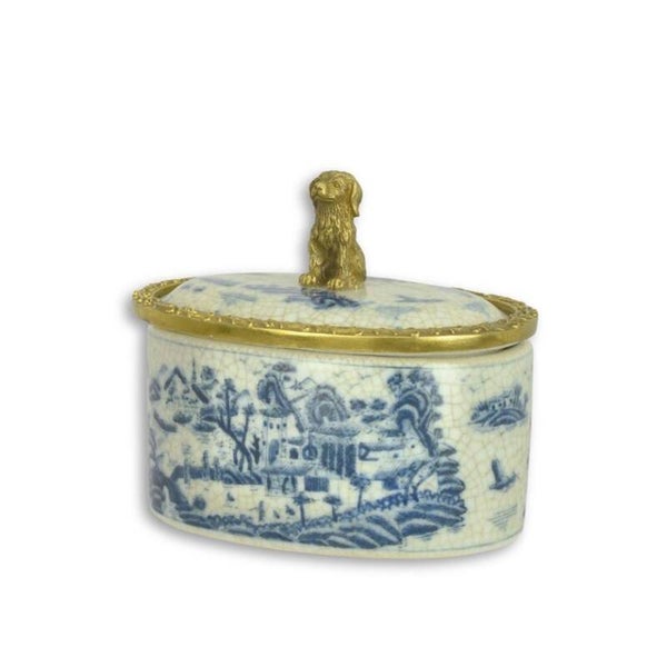 Porseleinen doosje met deksel - brons - blauw - 12cm hoog