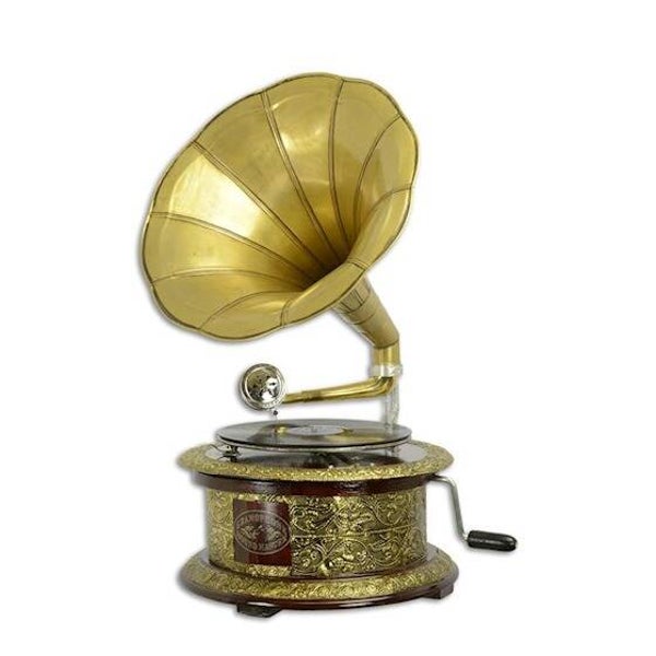 Grammofoon - decoratief - antiek - rond - goudkleurig - 65cm hoog