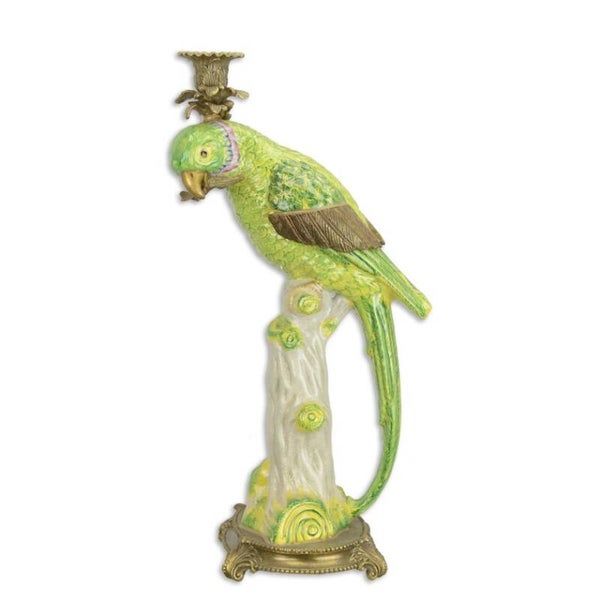 Kandelaar - papegaai - links kijkend - groen - porselein - brons - 42,4cm hoog