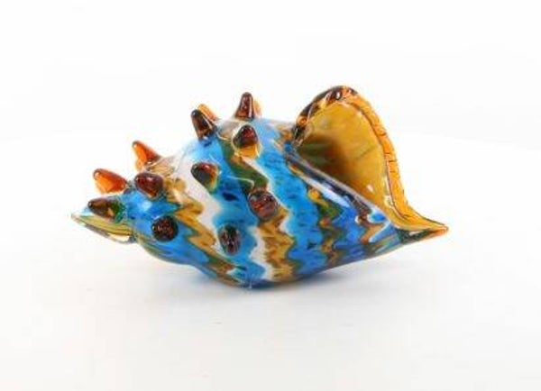 Glazen hoornschelp - Blauw/geel - Murano stijl - 30,3 cm