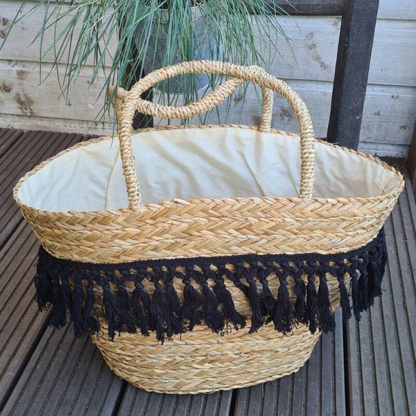 Strandtas - boodschappentas - palmblad - zwarte franjes